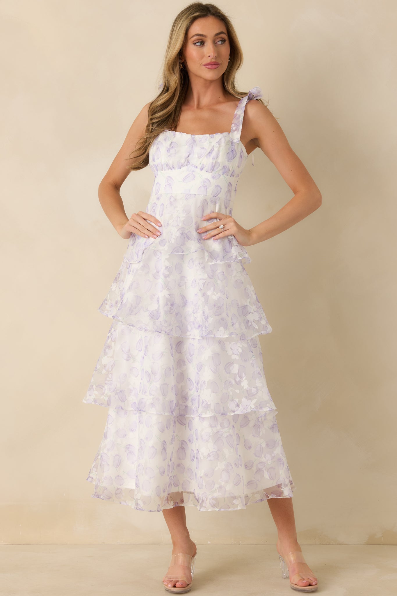 Front-facing view of the lavender midi dress highlighting the tulip and white floral tulle design over the white lining.