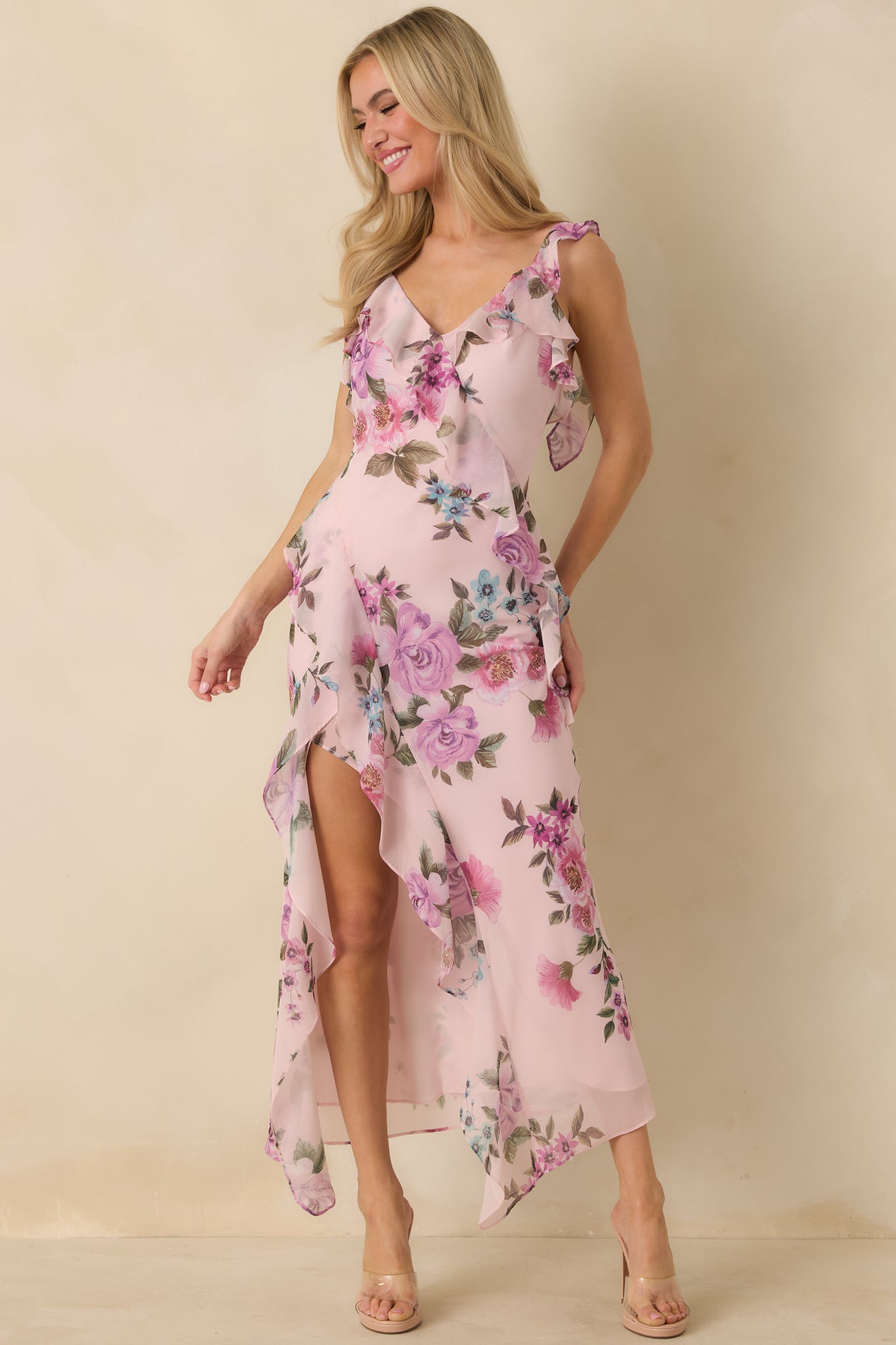 Lavender multi maxi dress with cascading chiffon layers and a soft high low hem effect.