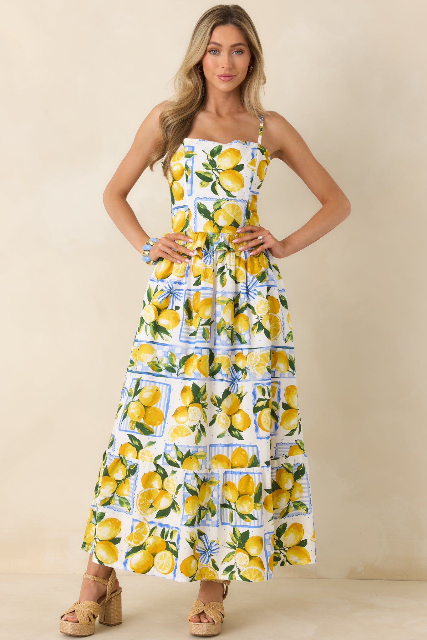 Women's Sweet Citrus Charm White Multi Lemon Print Cotton Maxi Skirt | Color: Yellow | Size: L