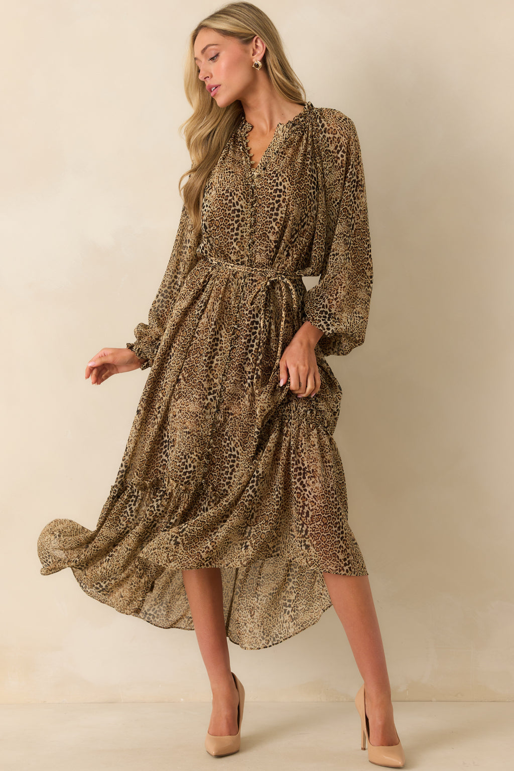 Leopard Print Chiffon Long Sleeve Maxi Dress - All Dresses