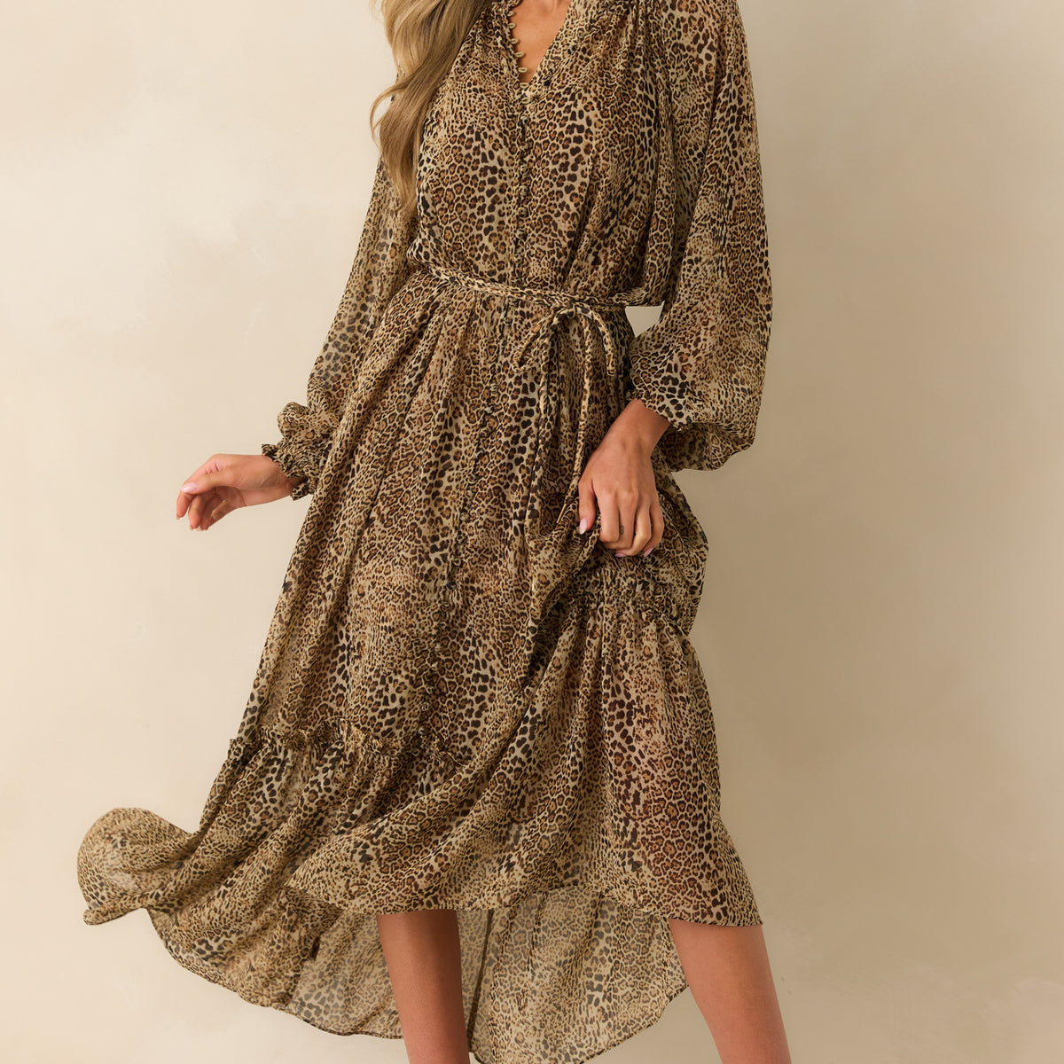 chinese dress ladies Leopard Print Chiffon Long Sleeve Maxi Dress - All Dresses