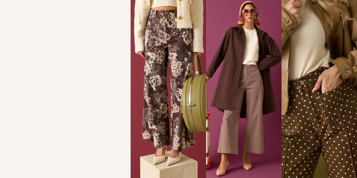 Collage of pants against colored backgrounds, including a moody floral print, a gingham brown print, and a brown pair of pants with white polka dots. 