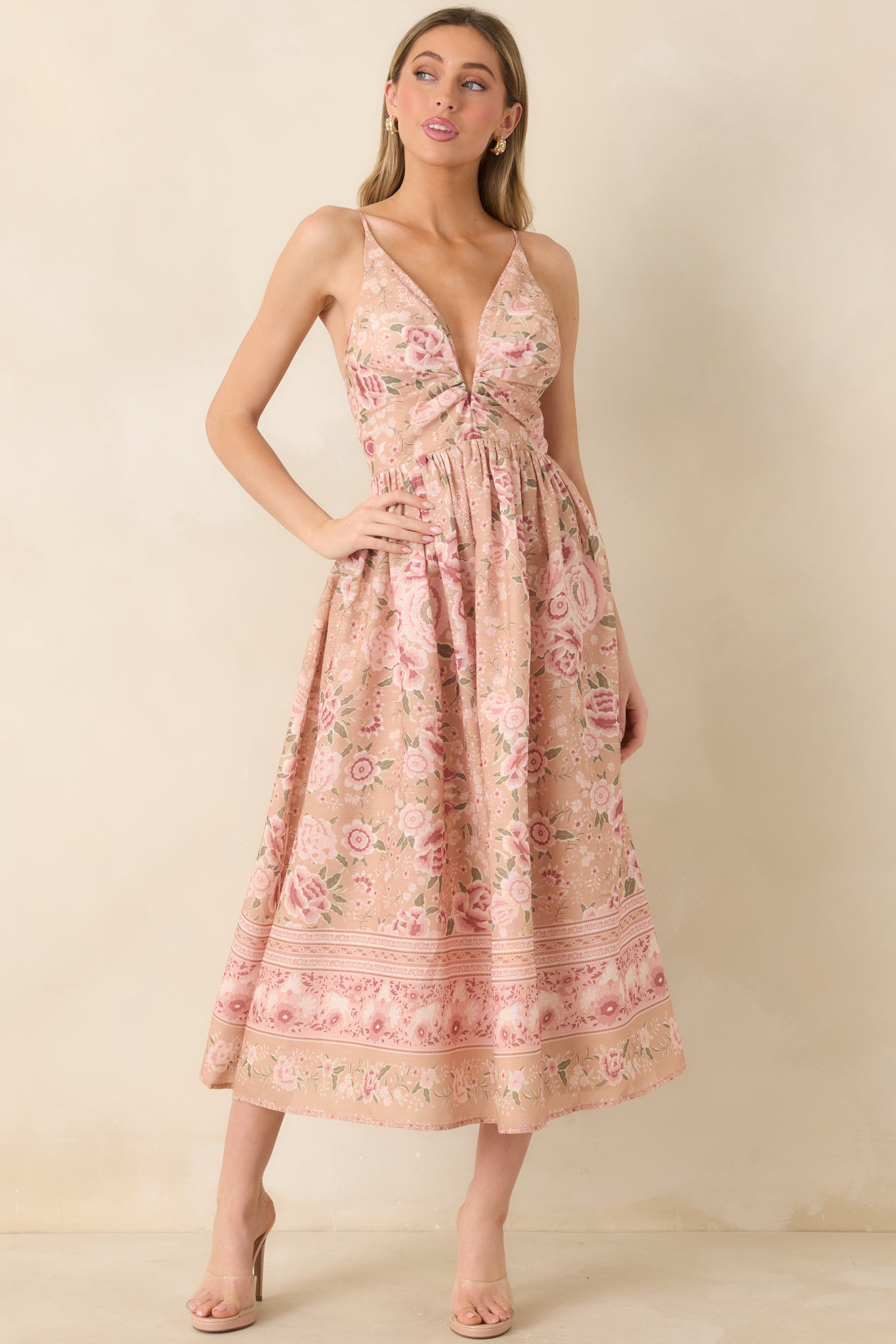 Women's Totally in Love Beige & Pink Floral Deep V-Neck Midi Dress | Size: L