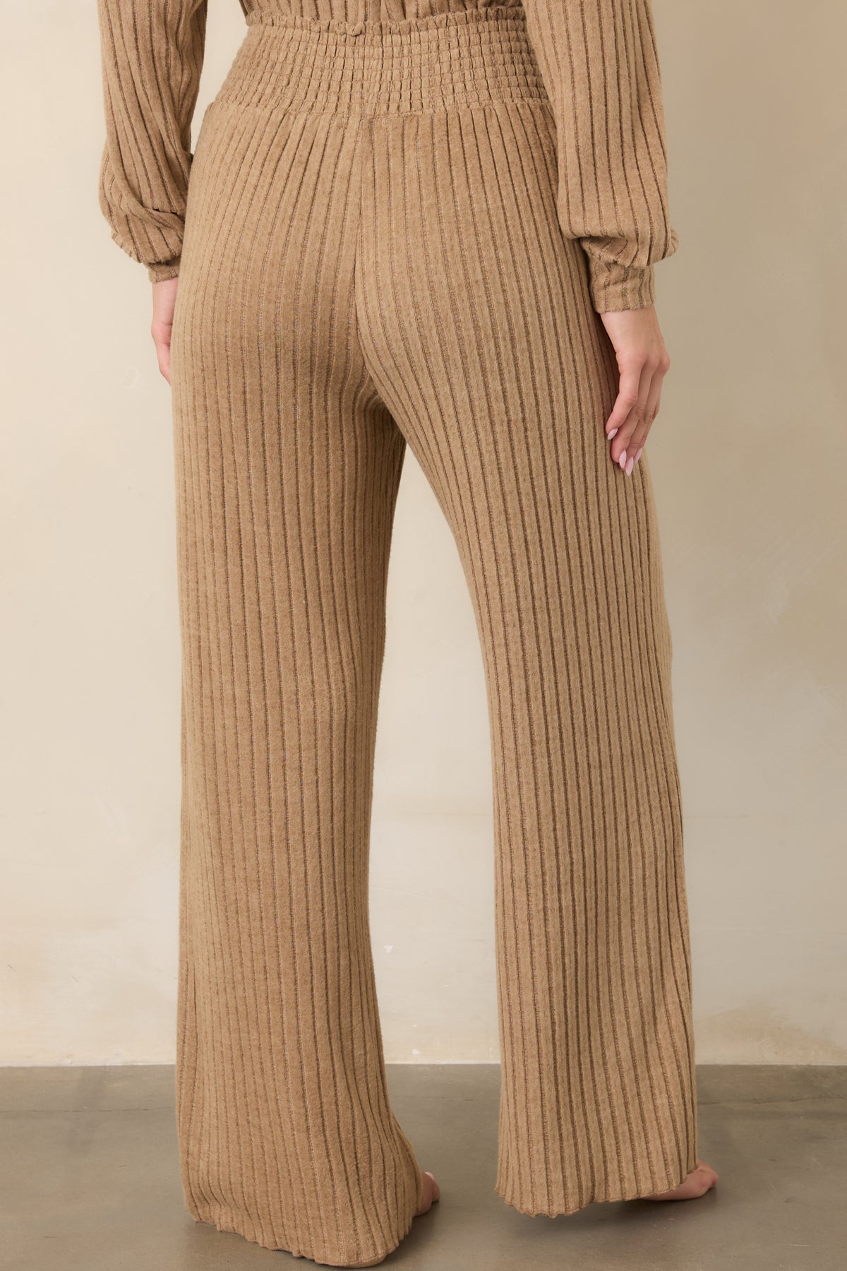 Light-Beige-Ribbed-Smocked-Waist-Rear-Wide-Leg-Pants