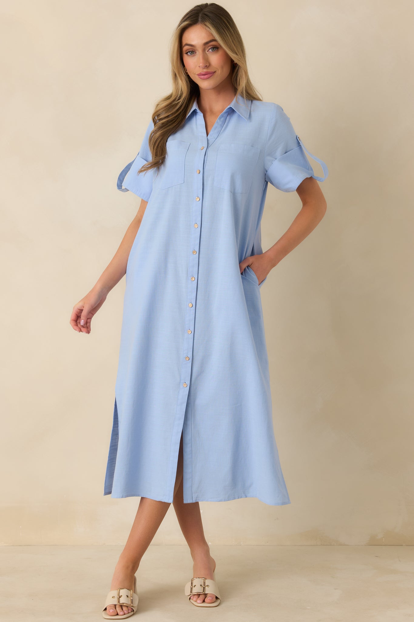 Women's Show Me the Way Light Blue Cotton Button Front Midi Shirt Dress | Size: L Women's Show Me the Way Light Blue Cotton Button Front Midi Shirt Dress | Size: L