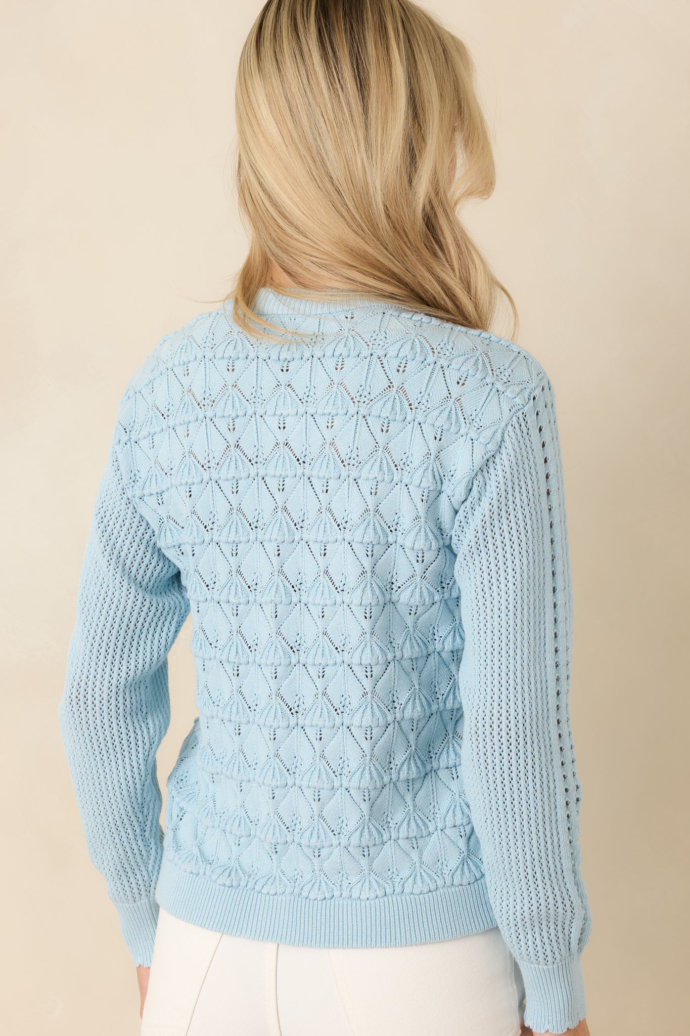 Rear view of light blue cardigan showing softly fitted silhouette, long sleeves, and ribbed hem detail.