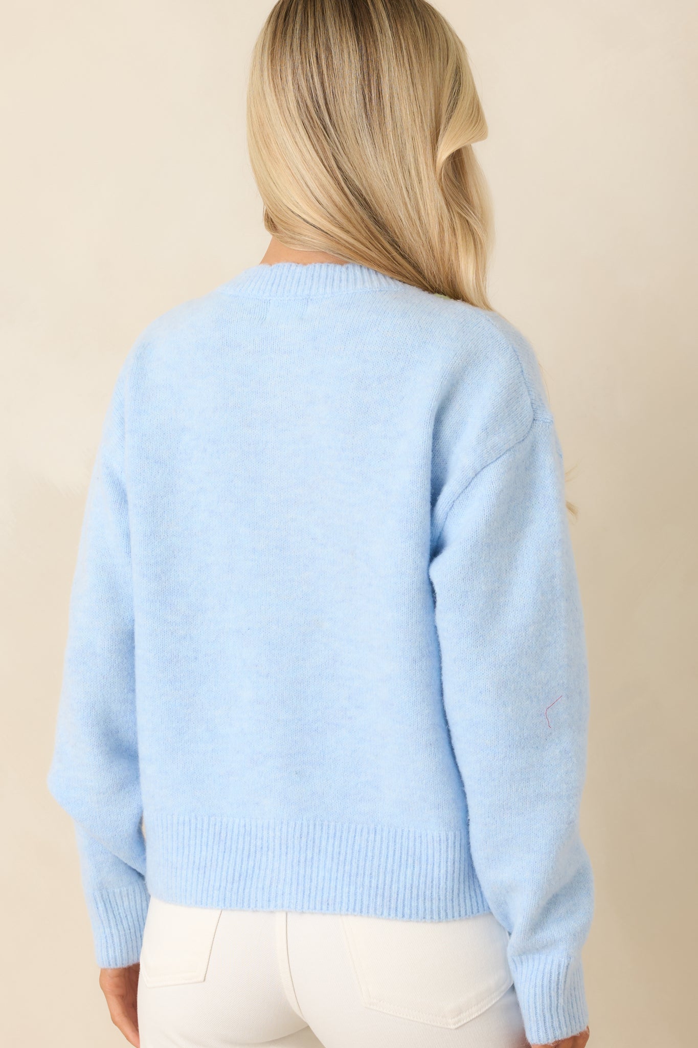 Back view of the light blue knit cardigan showcasing the smooth texture, long sleeves, and ribbed hem.