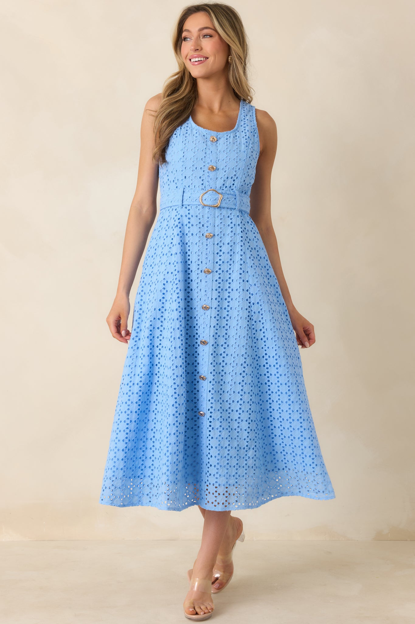 Red Dress | Blue Cotton Eyelet Sleeveless Midi Dress - All Dresses
