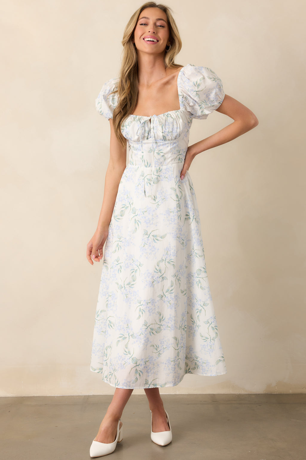 wannda floral chiffon puff sleeve dress in white Katana Puff Sleeve Midi Dress