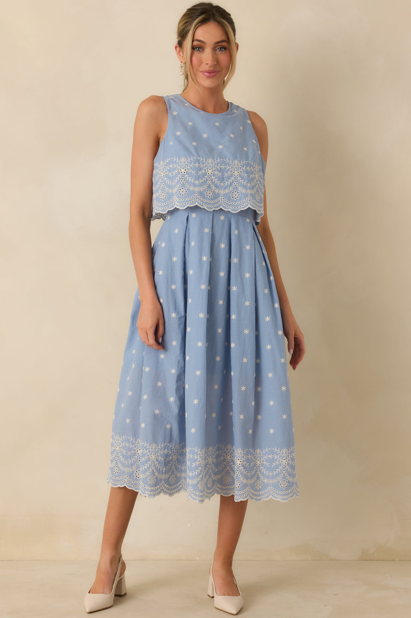 Right Here Waiting Light Blue Cotton Scallop Lace Embroidered Midi Dress Right Here Waiting Light Blue Cotton Scallop Lace Embroidered Midi Dress