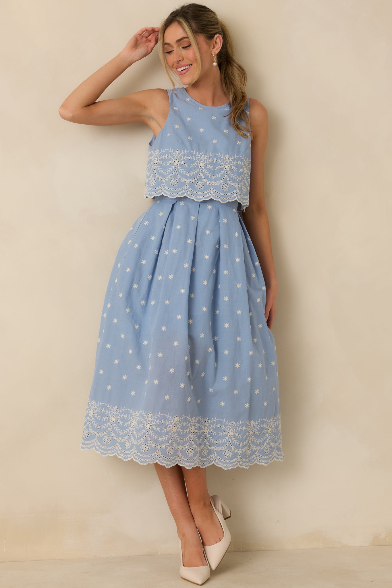 blue dress for baby girl Right Here Waiting Light Blue Cotton Scallop Lace Embroidered Midi Dress