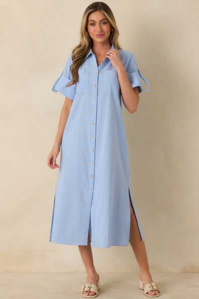 midi shirt dress with belt Women's Show Me the Way Light Blue Cotton Button Front | Size: L Aritzia | Dresses | limit_1 Color:ZEST relaxed through the hips