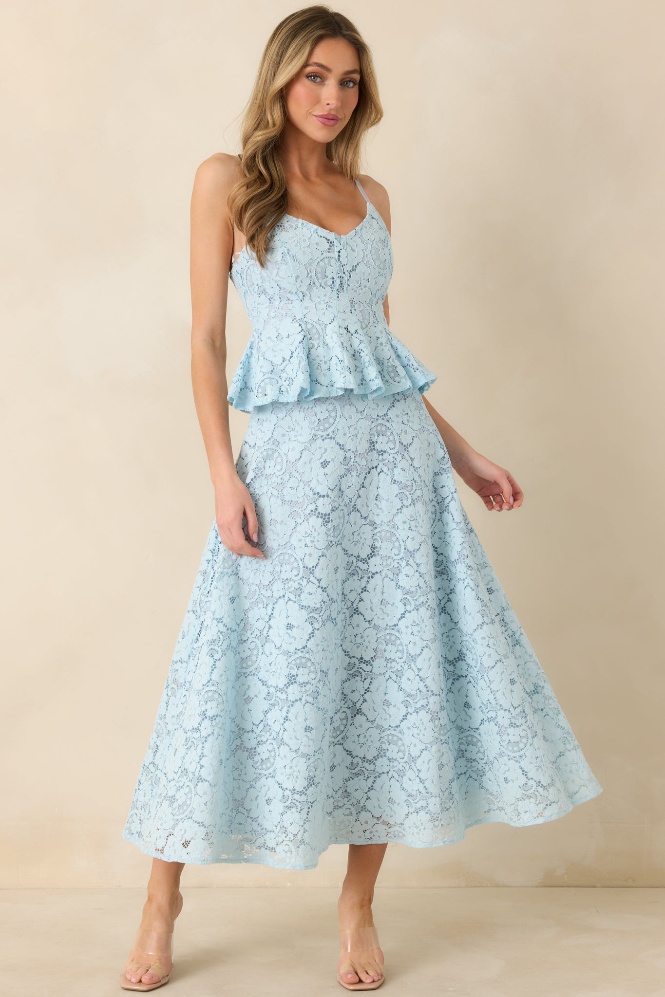 Light Blue Guipure Peplum Top - All Tops | Red Dress