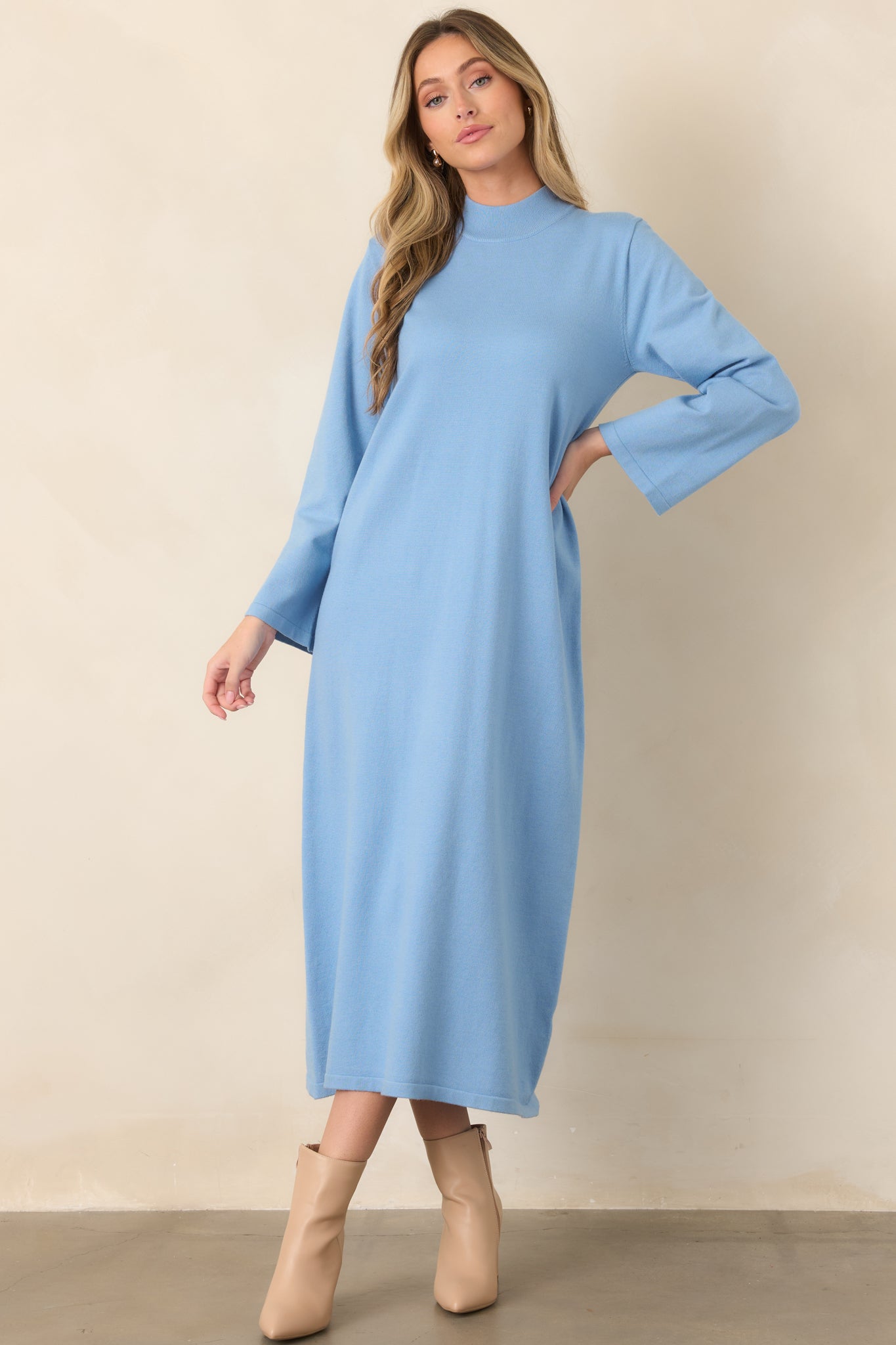knitted long sleeve dress Women's Simply Put Together Sky Blue Relaxed Knit Shift Midi | Size: S Women's Just a Hint toe kitten heels and modest clothing Variant:Desert/Ivory size 20