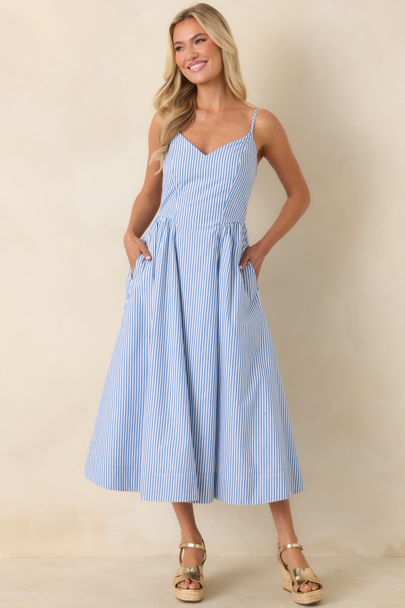Women's Weekend on the Coast Blue Stripe Sleeveless Midi Dress | Size: M | Red Dress Women's Weekend on the Coast Blue Stripe Sleeveless Midi Dress | Size: M | Red Dress