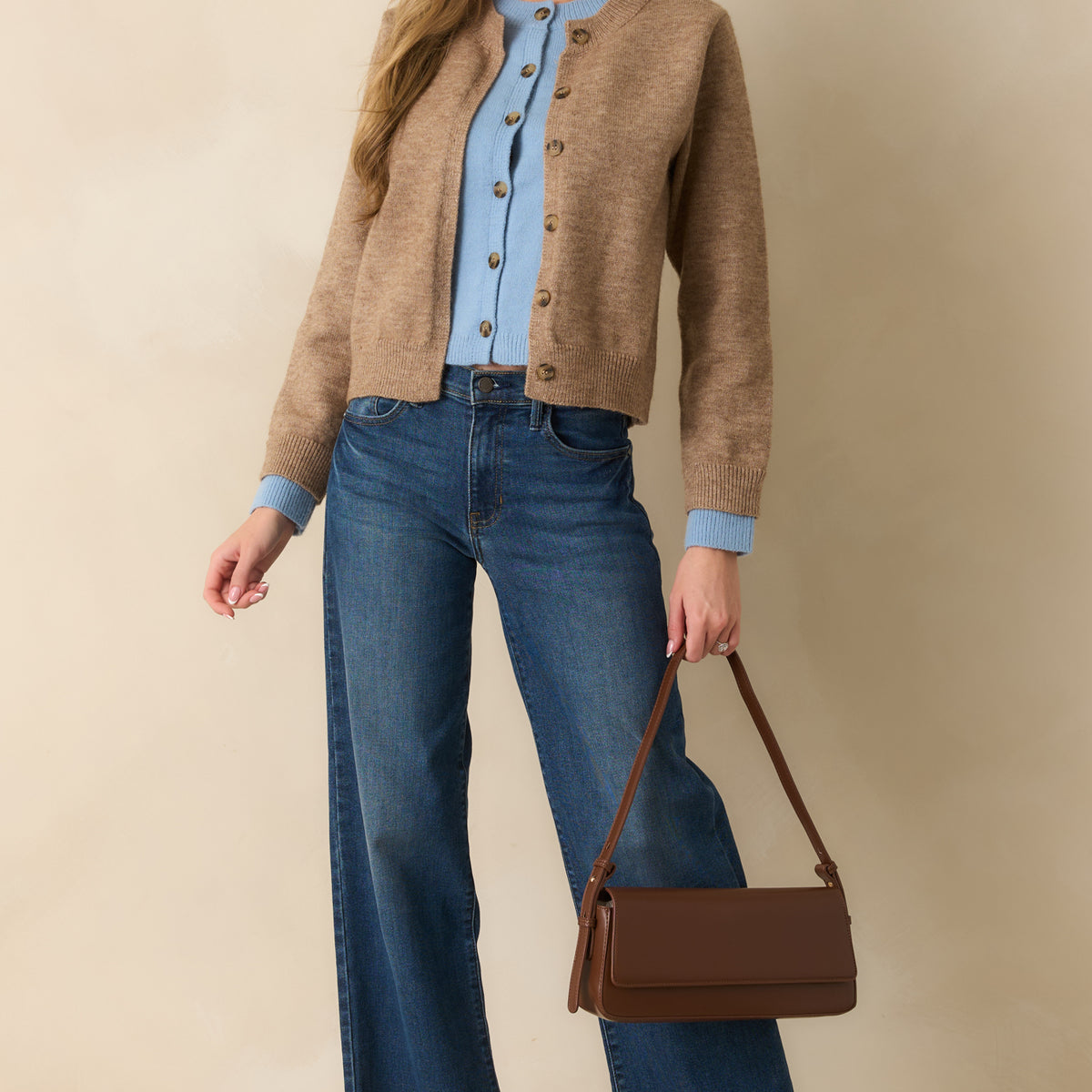 Light Mocha Faux Layered Cardigan - Women's Tops | Red Dress