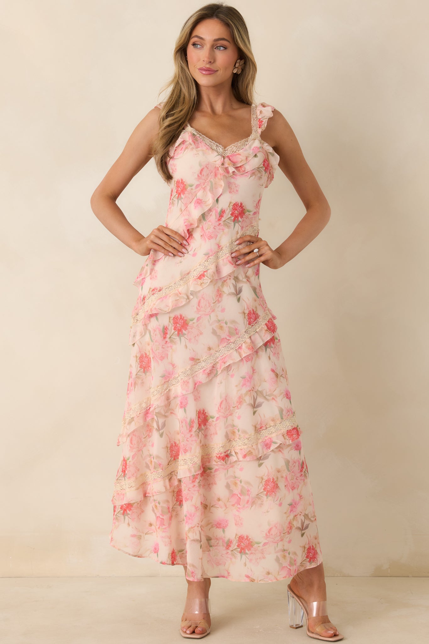 Women's Yours Always Coral Pink Floral Lace & Ruffle Trim Midi Dress | Color: Light Pink | Size: S | Red Dress Women's Yours Always Coral Pink Floral Lace & Ruffle Trim Midi Dress | Color: Light Pink | Size: S | Red Dress