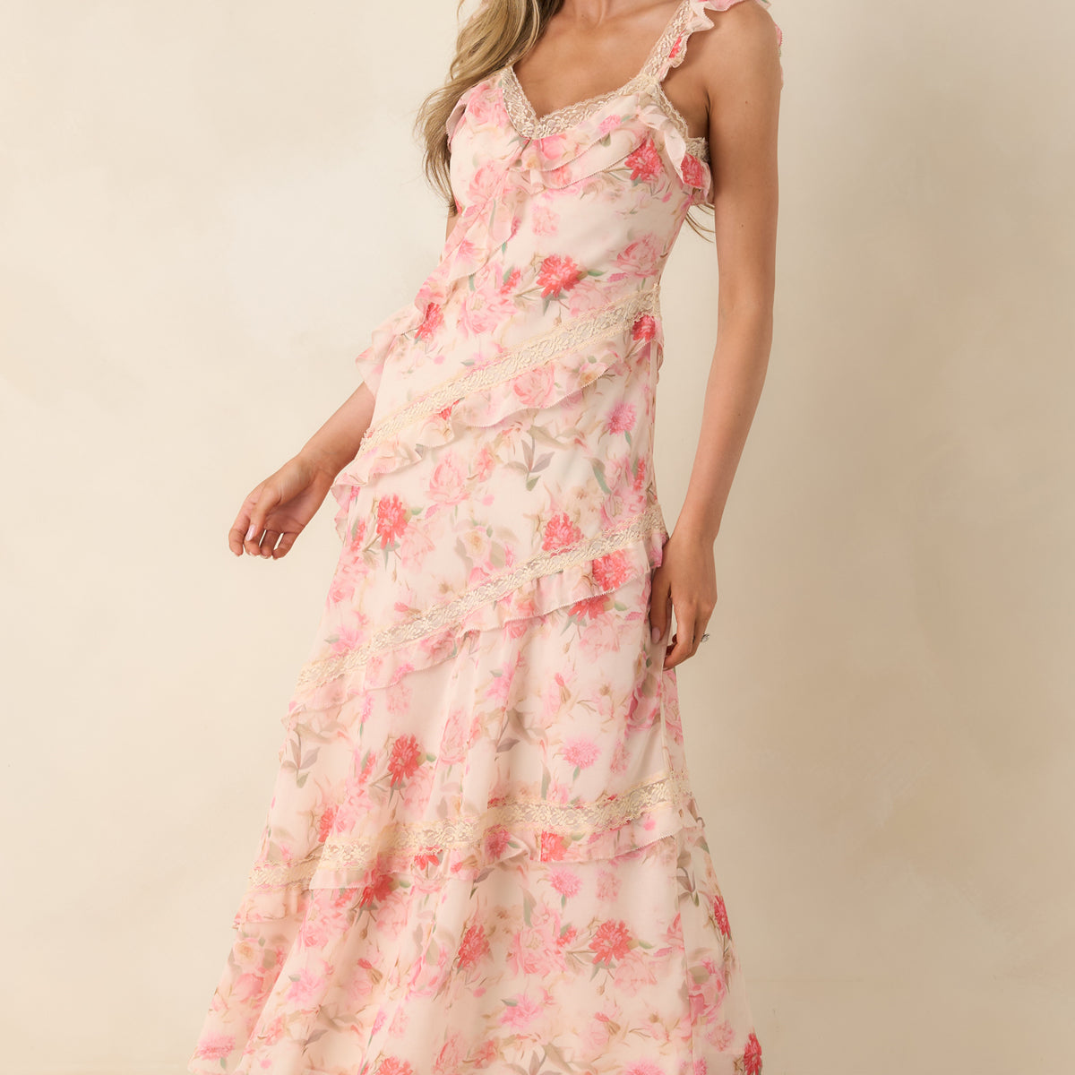 Women's Yours Always Coral Pink Floral Lace & Ruffle Trim Midi Dress | Color: Light Pink | Size: S Women's Yours Always Coral Pink Floral Lace & Ruffle Trim Midi Dress | Color: Light Pink | Size: S