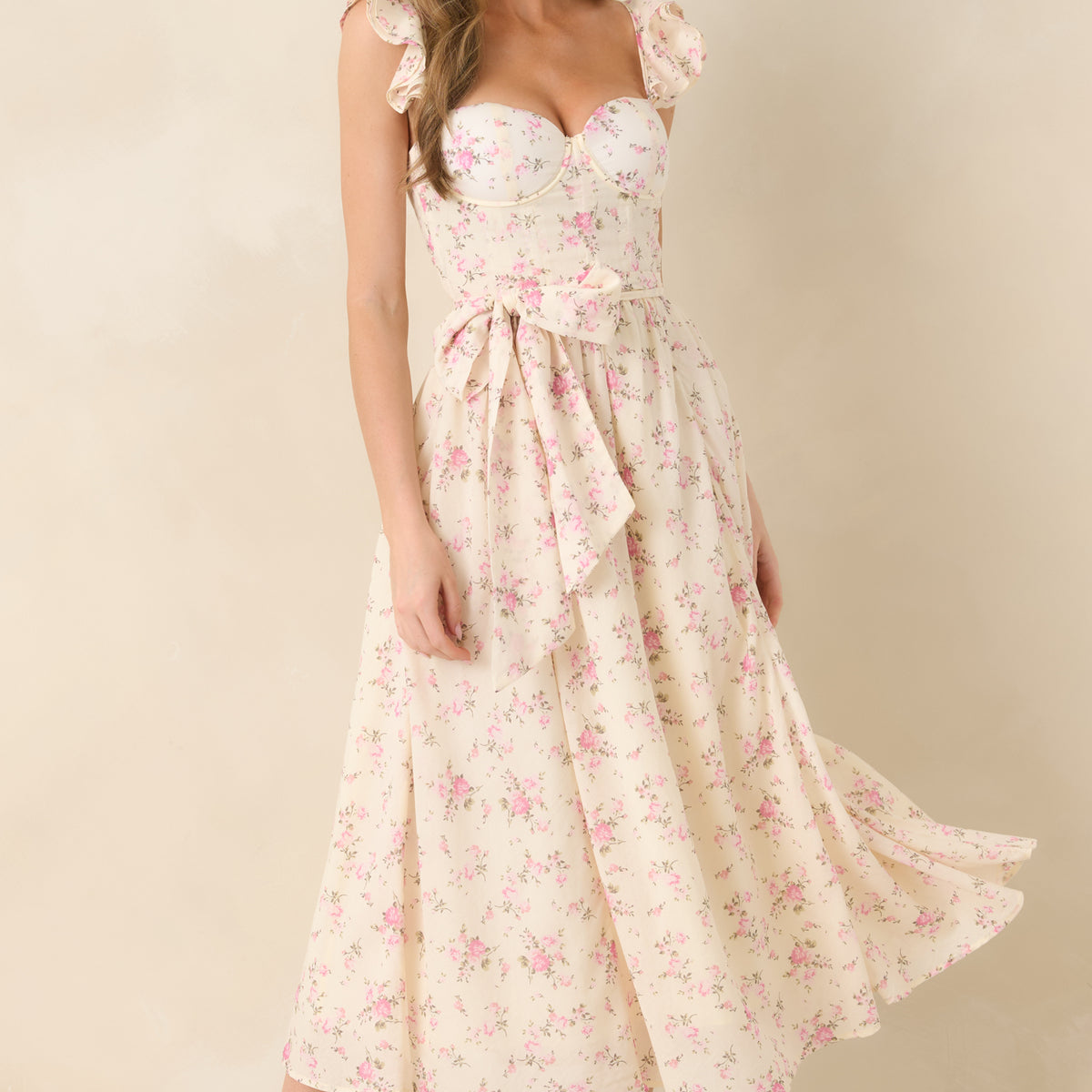 light pink dress with roses Sleeveless Pink Midi Wedding Guest Dress with Roses Soft Blush / Small