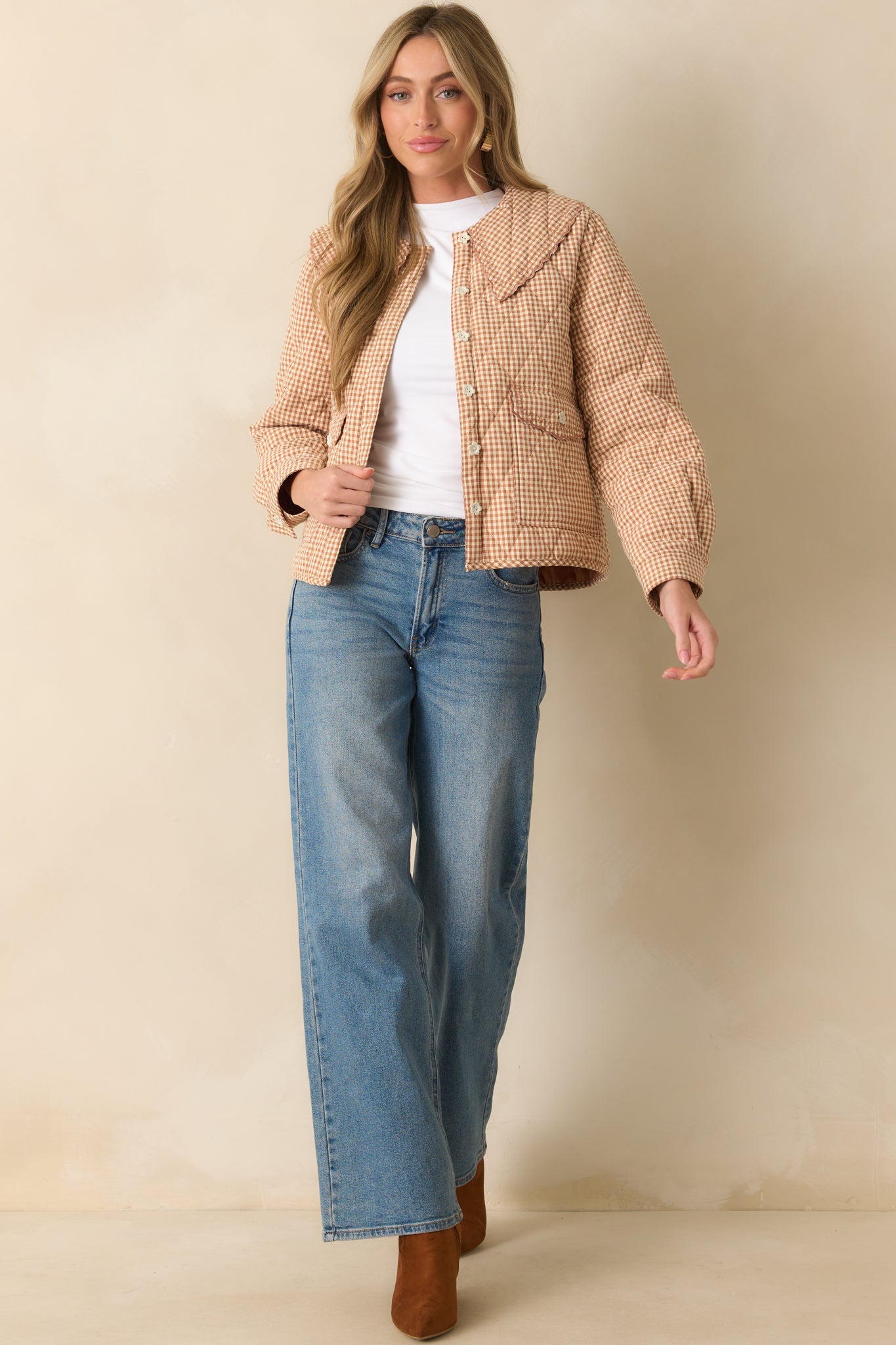 Light rust gingham jacket with quilted diamond stitching and oversized scalloped collar.