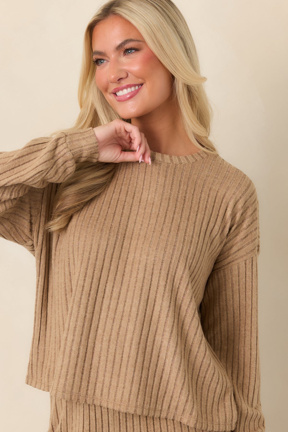 Light toffee top highlighting the smooth silky-rib texture and crew neckline.
