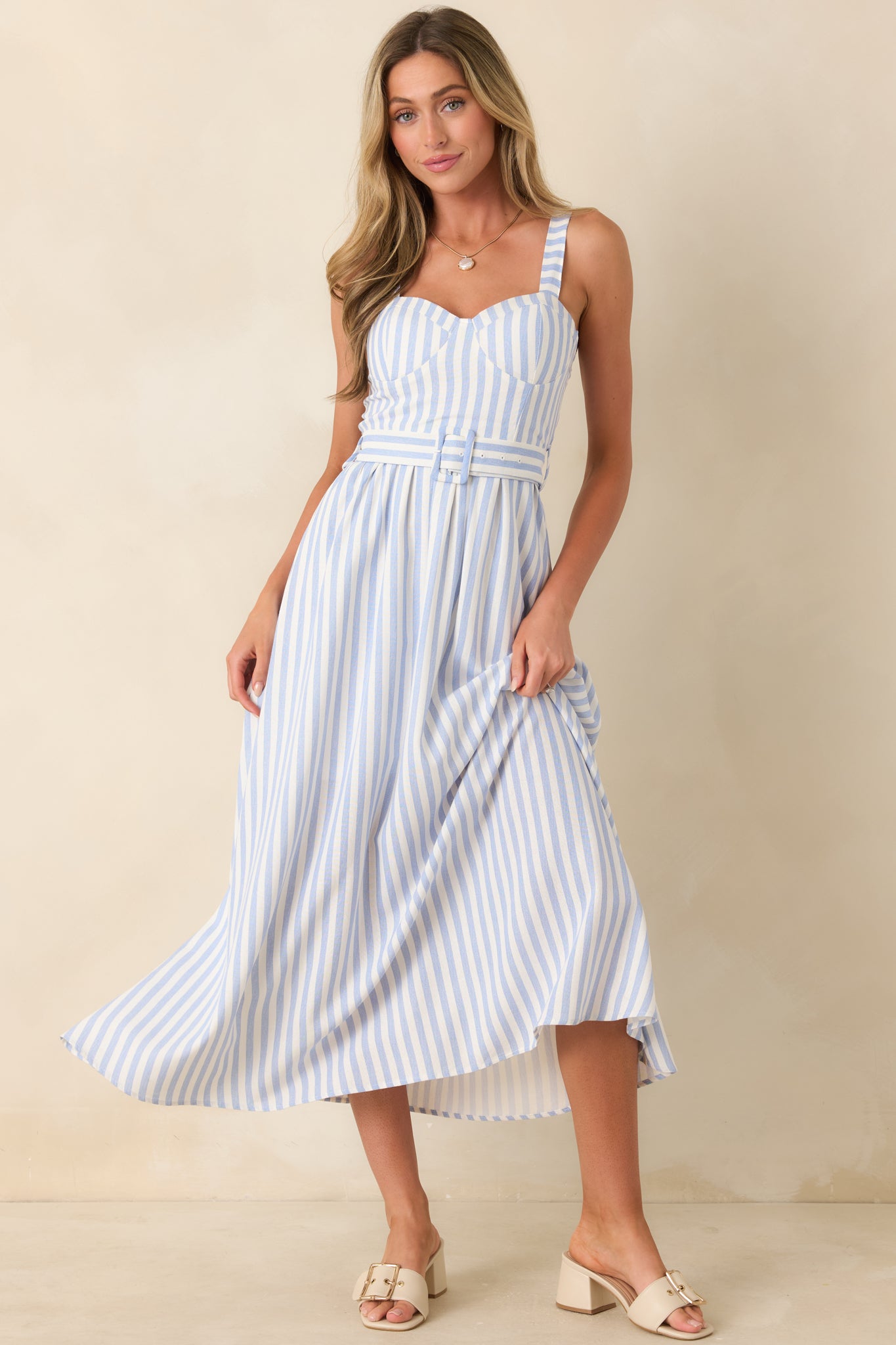 Women's Already Thinking About It Blue Stripe Belted Bustier Midi Dress | Size: L
