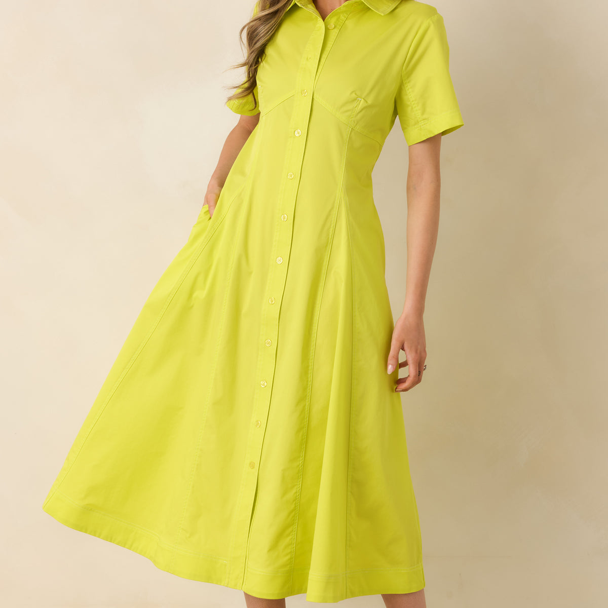 yellow midi shirt dress Women's Make It Look Easy Chartreuse Short Sleeve Midi Shirt Dress | Size: L