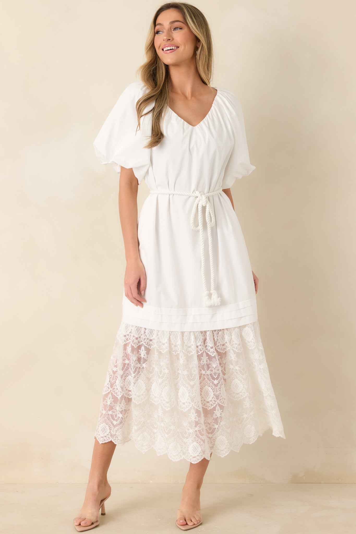 Women's Je T'aime Toujours White Cotton & Gathered Lace Maxi Dress | Size: S