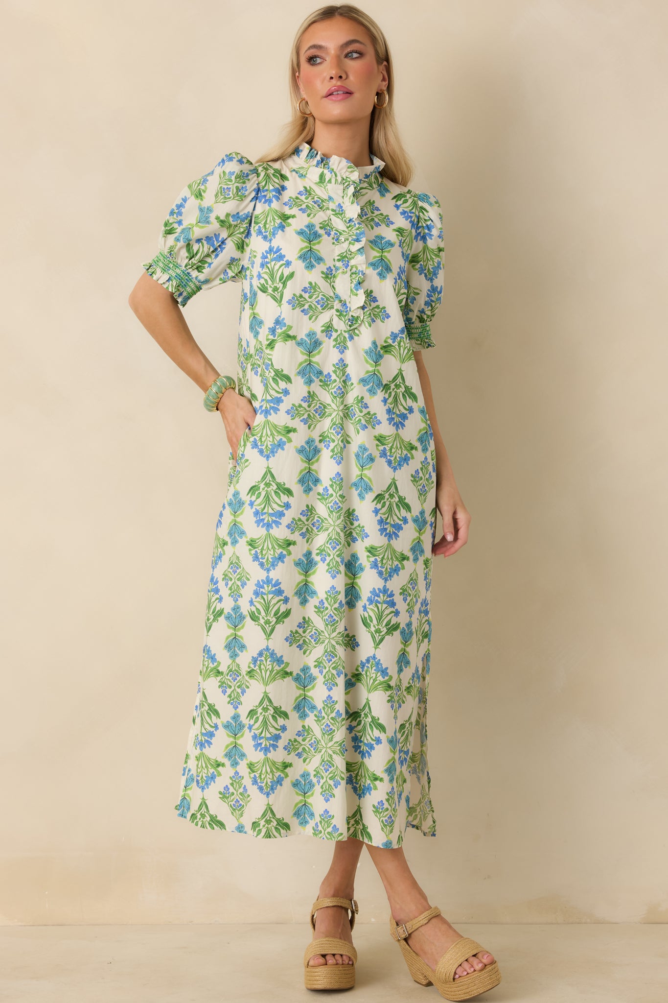 Lightweight cotton maxi dress with a floral print, showing the easy drape and comfortable movement of the design.