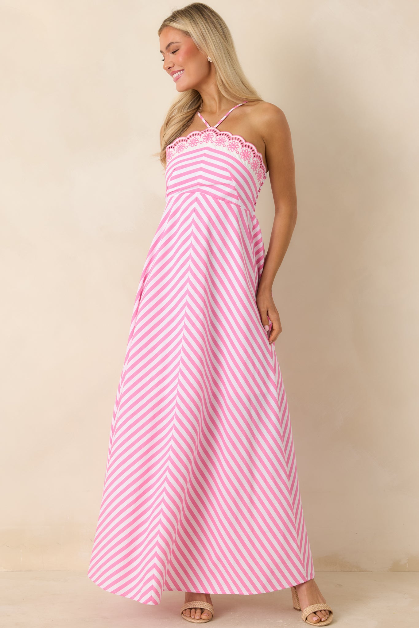 Red Dress | Pink Stripe Cotton Floral Hem Halter Maxi Dress