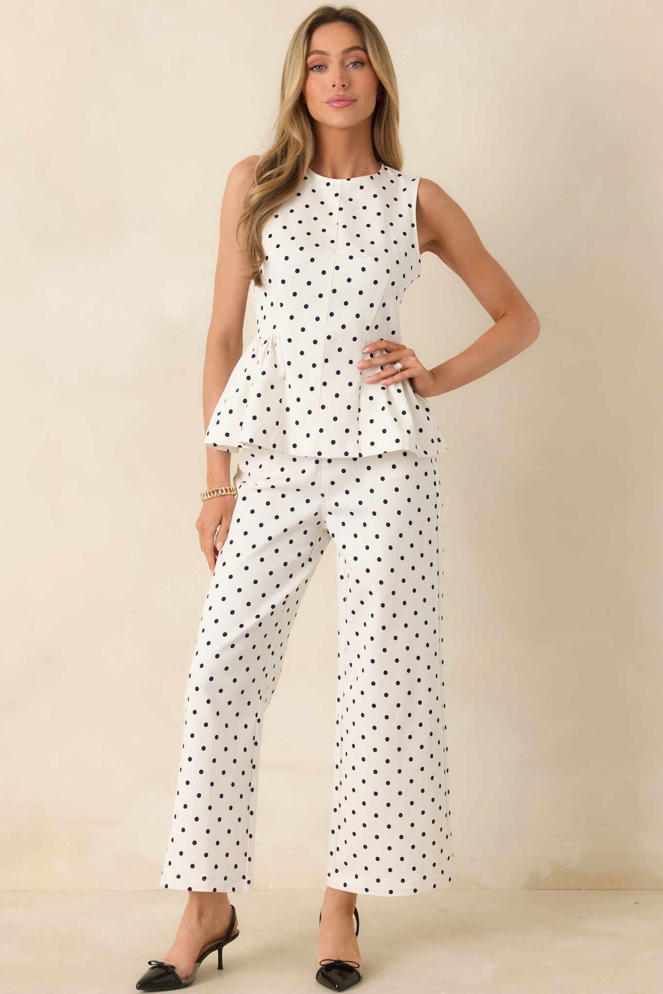 Red Dress | Ivory Cotton Polka Dot Peplum Top - All Tops