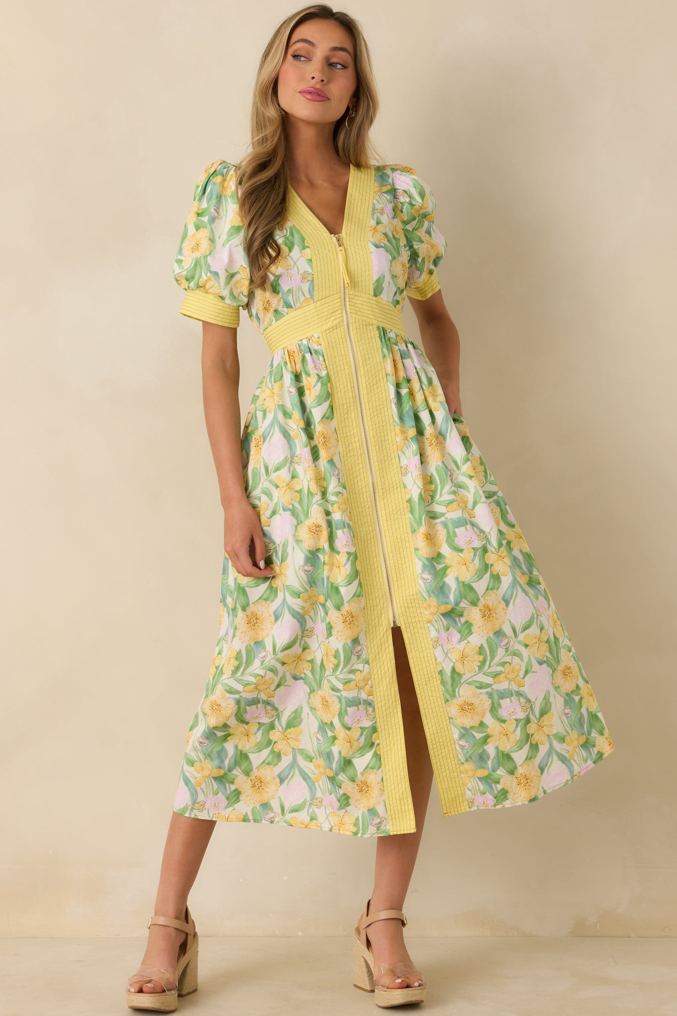 Yellow Multi Floral Print Cotton Zip Front Midi Dress - All Dresses | Red Dress Yellow Multi Floral Print Cotton Zip Front Midi Dress - All Dresses | Red Dress