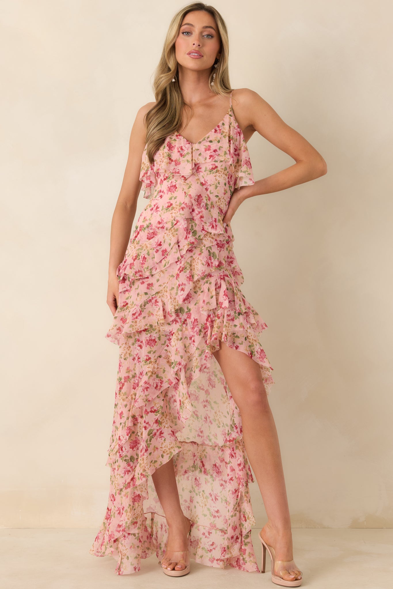 asymmetrical dress pink Keep Me Twirling Blush Pink Multi Floral Ruffle Asymmetrical Maxi Dress