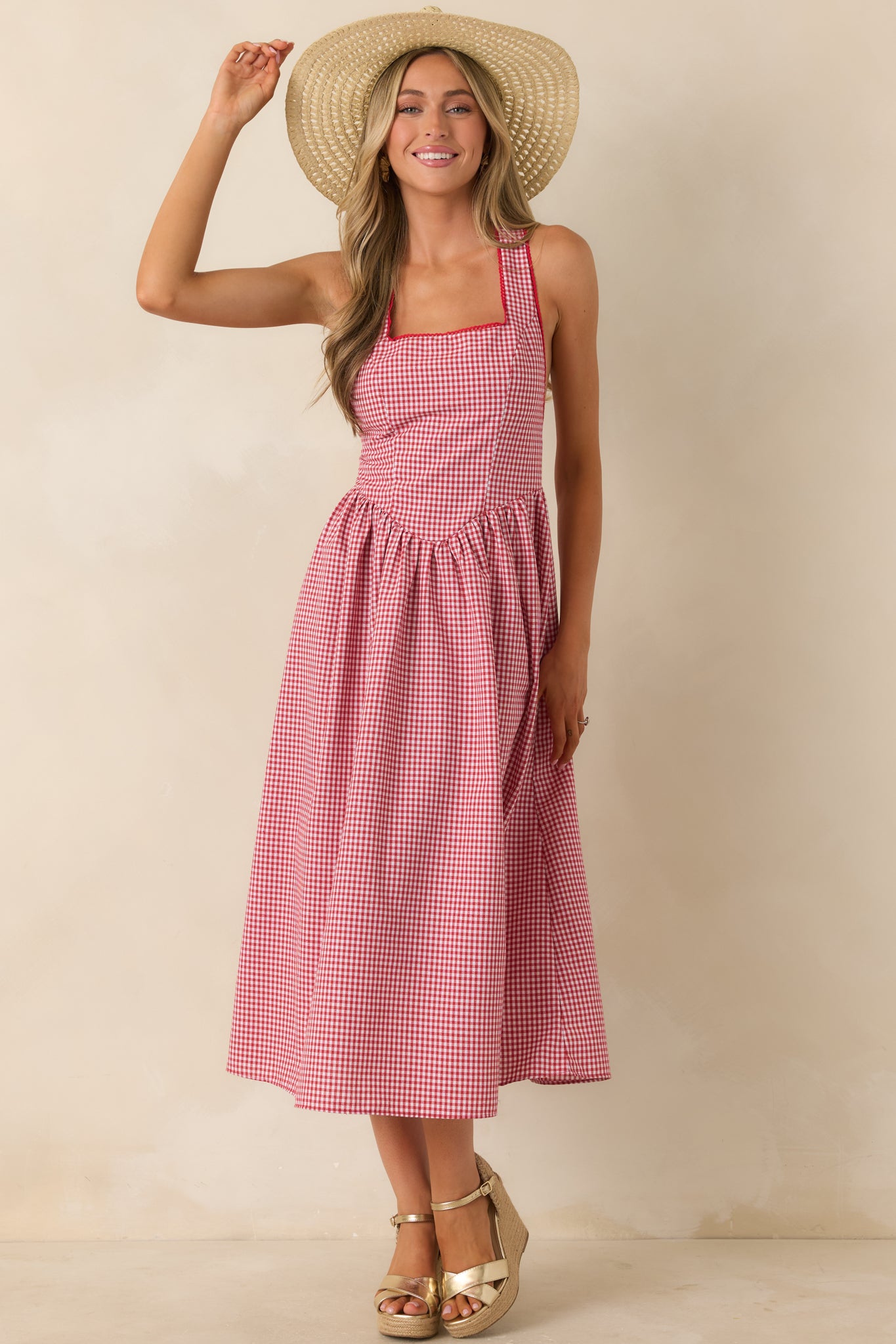 Women's Just Because I Can Red Gingham Open Back Tie Maxi Dress | Size: L