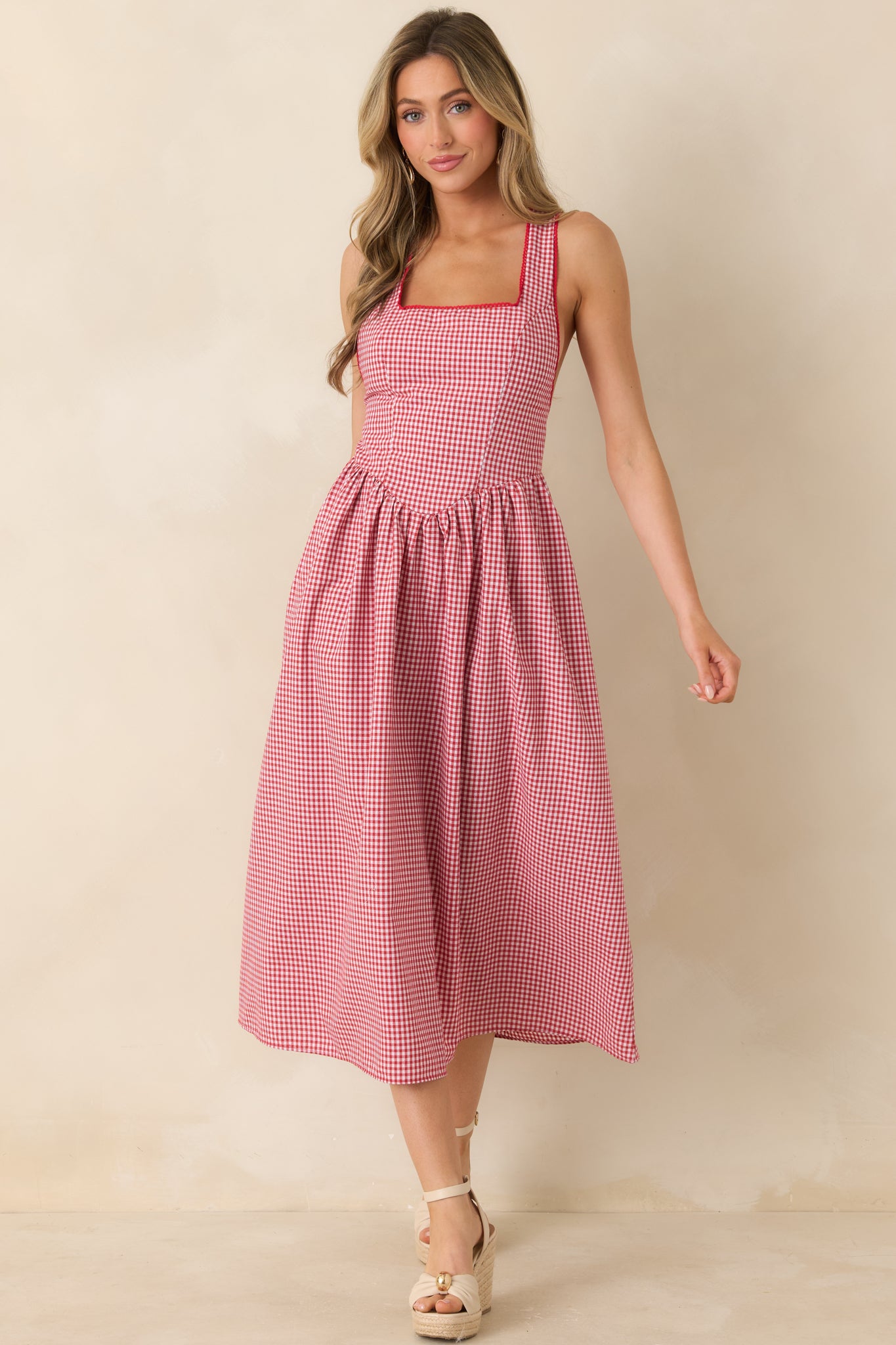 Women's Just Because I Can Red Gingham Open Back Tie Maxi Dress | Size: L Women's Just Because I Can Red Gingham Open Back Tie Maxi Dress | Size: L