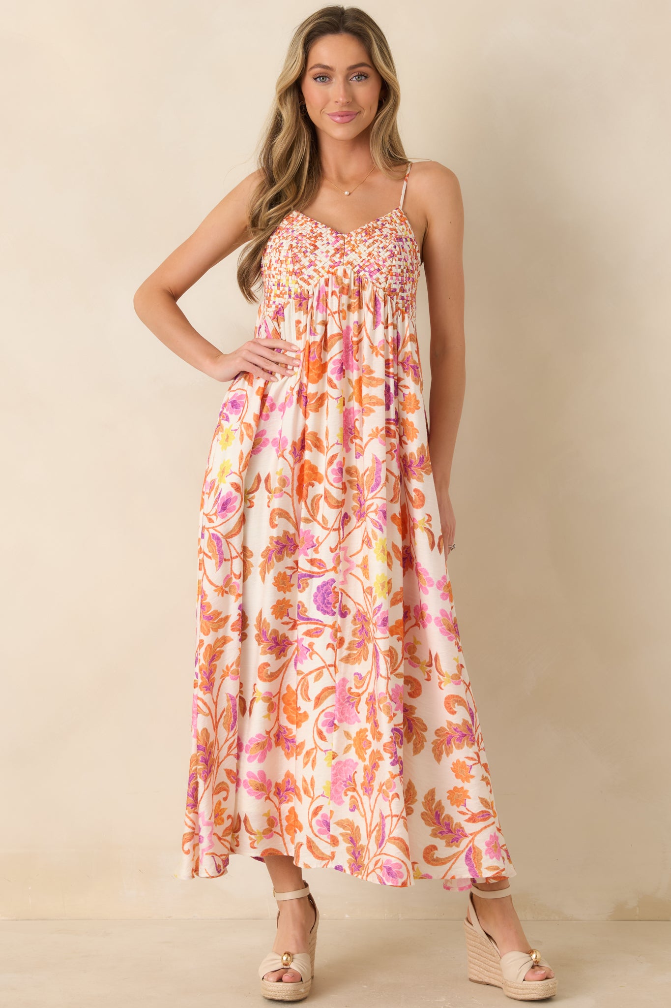 floral maxi dress pockets Women's Here for the Sun Pink & Orange Floral Woven Maxi Dress | Size: L