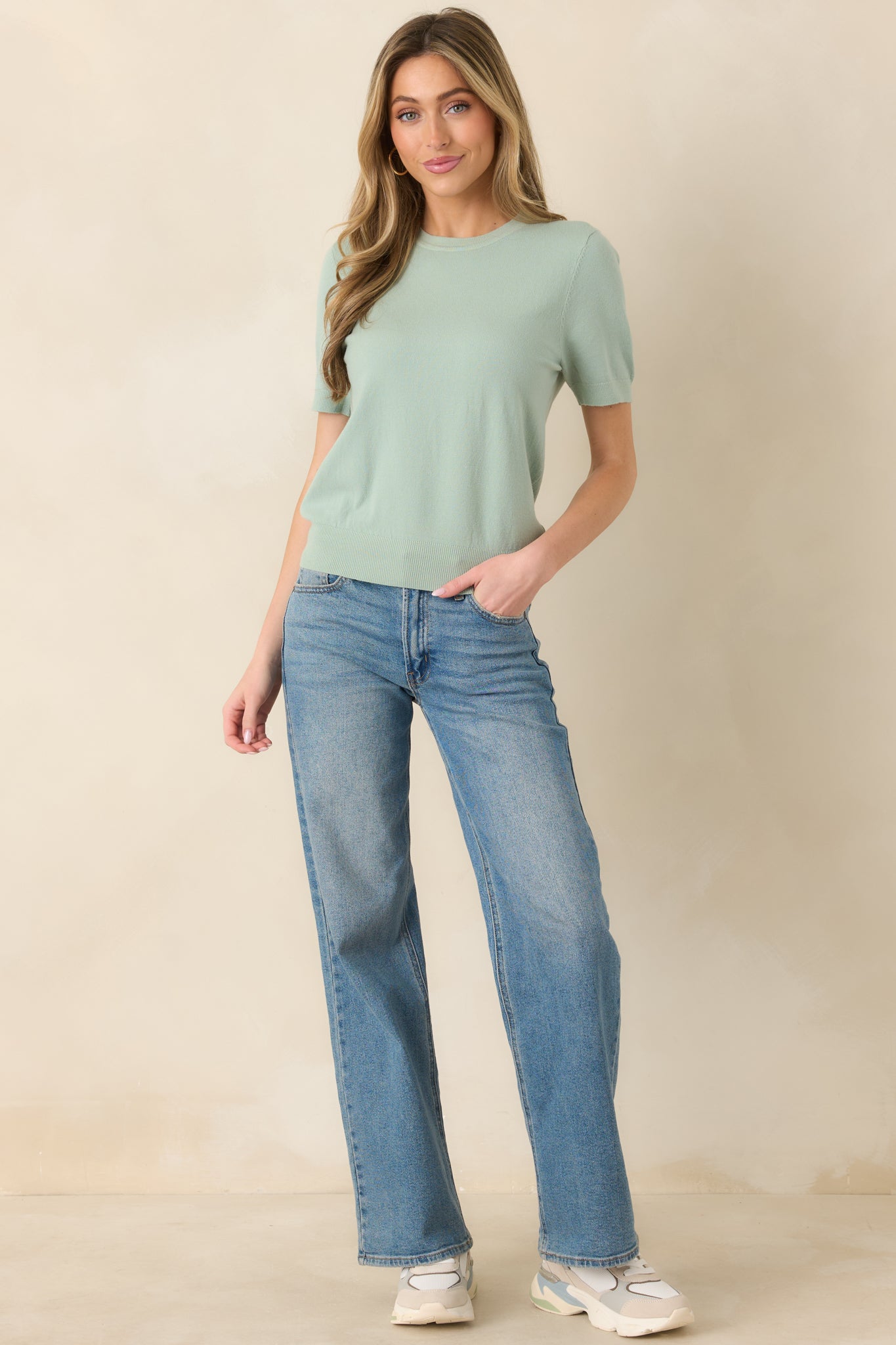 Lightweight knit tee with crew neckline and smooth, streamlined silhouette.
