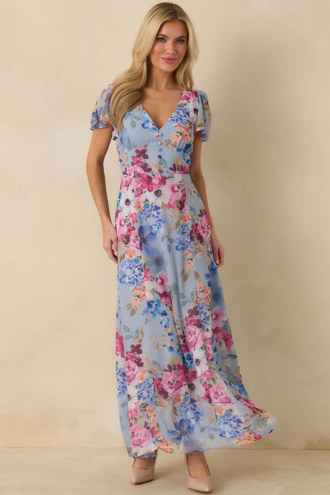 Blue Multi Floral V-Neck Flutter Sleeve Maxi Dress - All Dresses | Red Dress Blue Multi Floral V-Neck Flutter Sleeve Maxi Dress - All Dresses | Red Dress