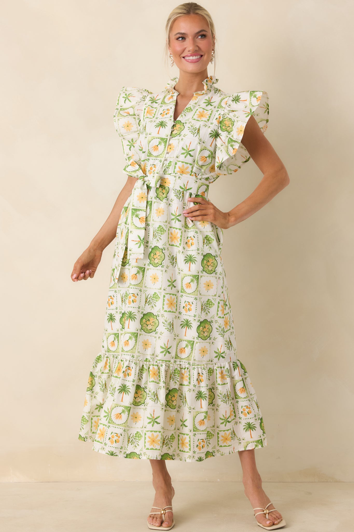 Women's Somewhere Sunny Green Multi Cotton Ruffle Maxi Dress | Size: L | Red Dress Women's Somewhere Sunny Green Multi Cotton Ruffle Maxi Dress | Size: L | Red Dress