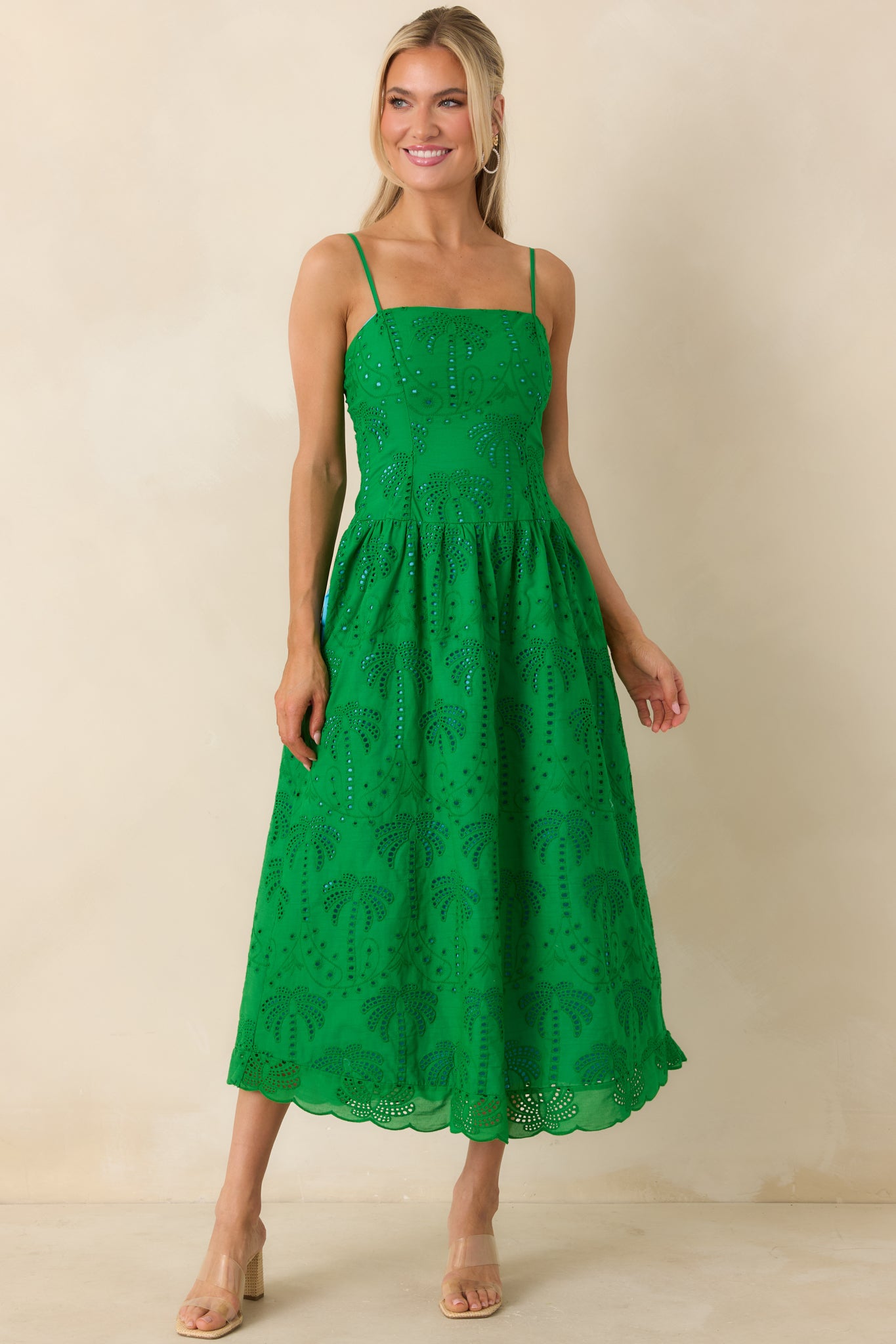 Women's This Is It Green Cotton Eyelet Sleeveless Midi Dress | Size: L | Red Dress Women's This Is It Green Cotton Eyelet Sleeveless Midi Dress | Size: L | Red Dress
