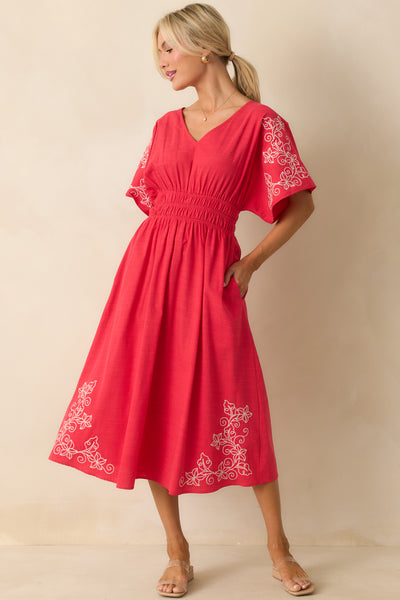 Red Floral Embroidered Cotton Dress - Midi Dresses
