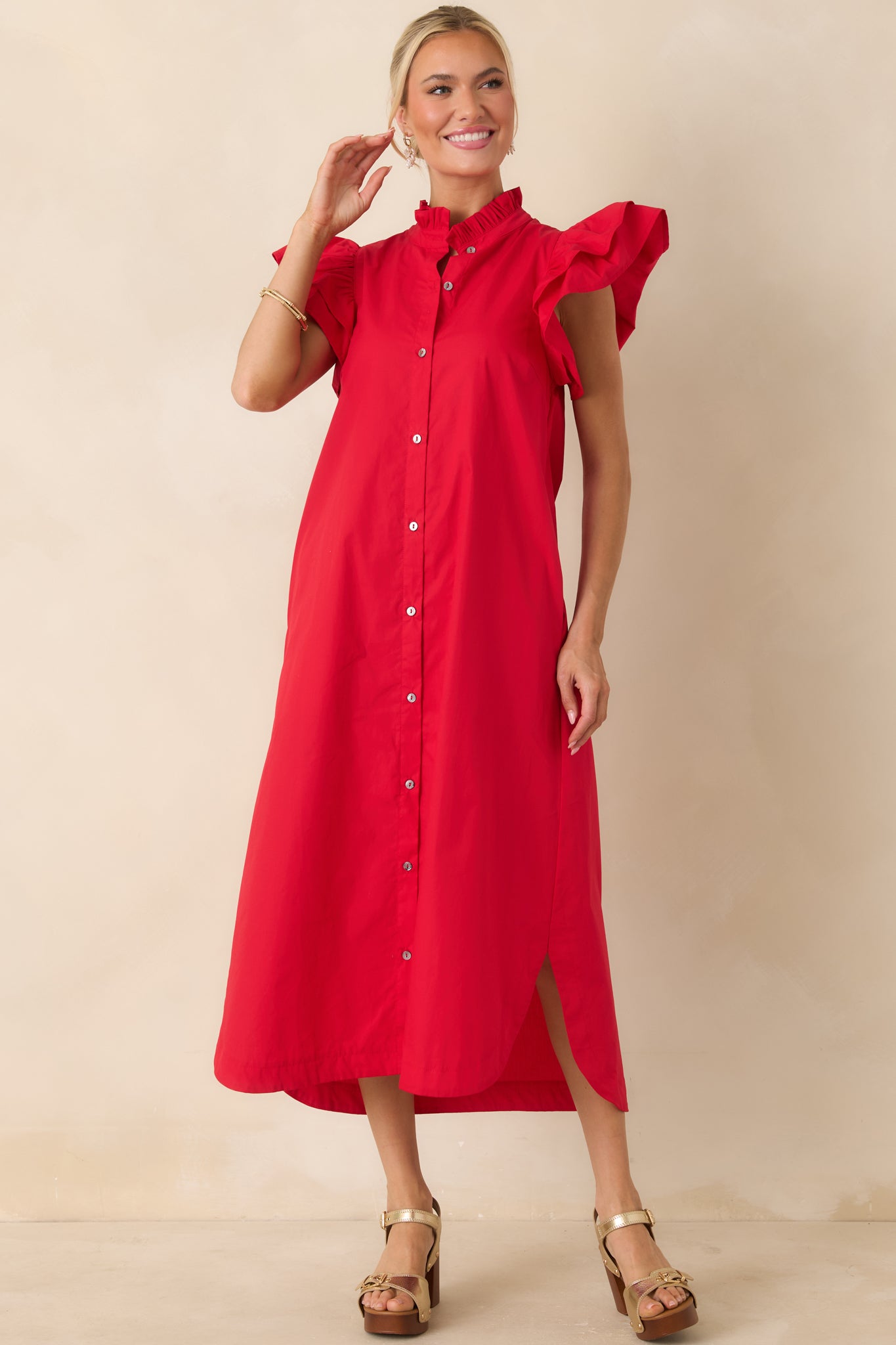 Red Dress | Red Cotton Ruffle Button Front Midi Dress - All Dresses Red Dress | Red Cotton Ruffle Button Front Midi Dress - All Dresses