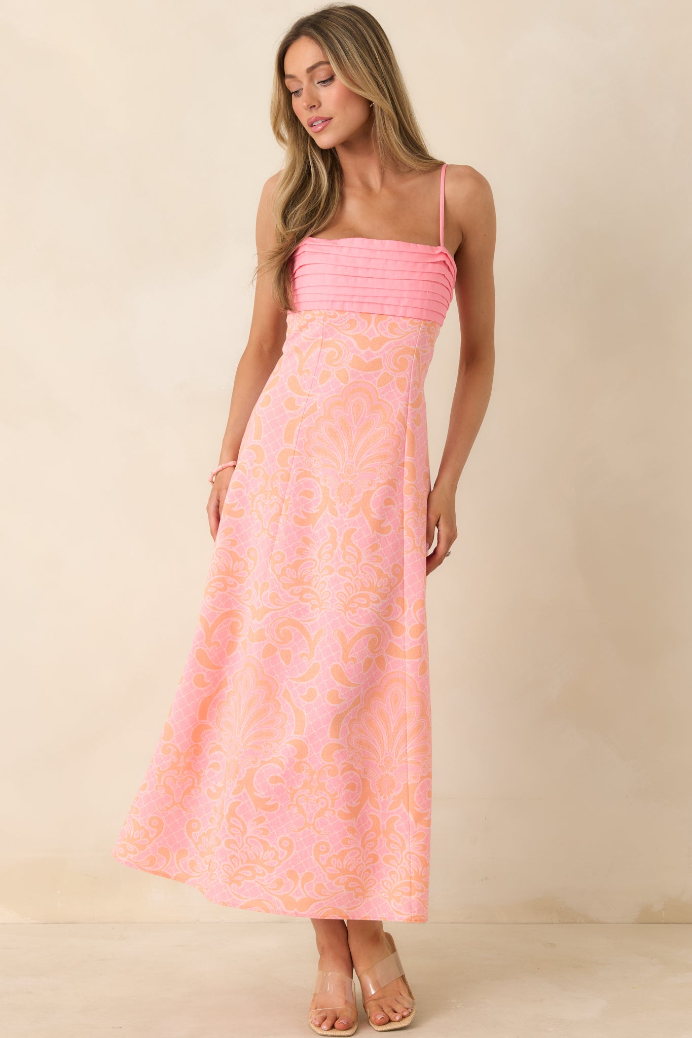 open lace back dress In the Glow Pink & Orange Jacquard Pleated Bust Midi Dress