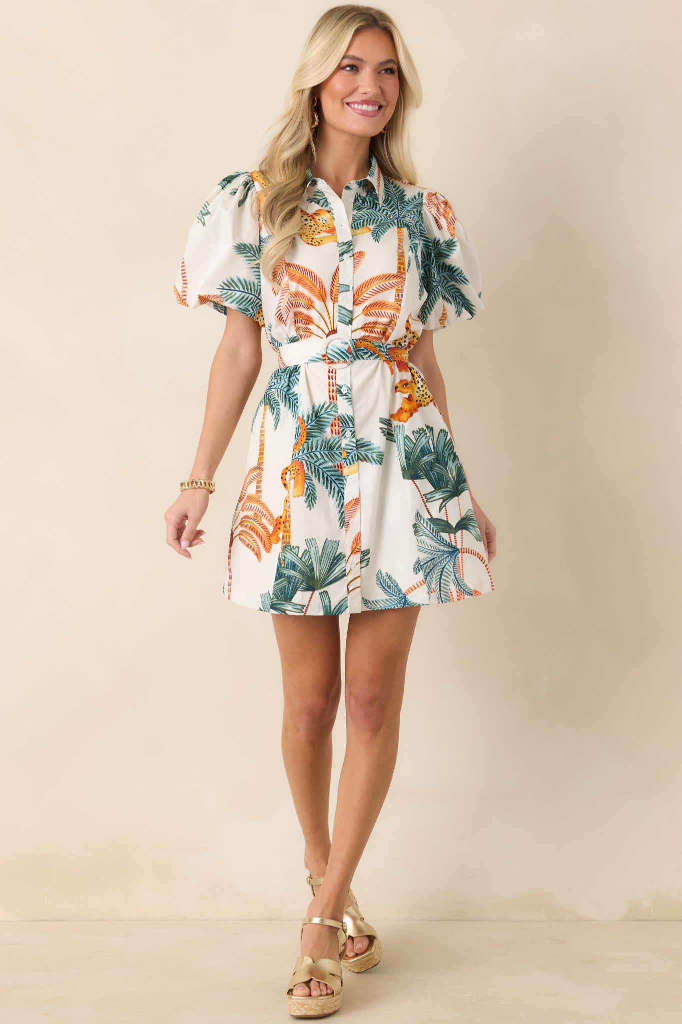 mini dress with tie waist Women's Paradise Plans Ivory Multi Tropical Print Puff Sleeve Mini Dress | Size: M