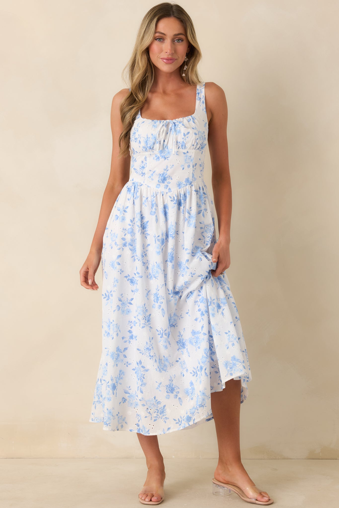 Lightweight dress with peasant silhouette and flowy skirt for easy movement.