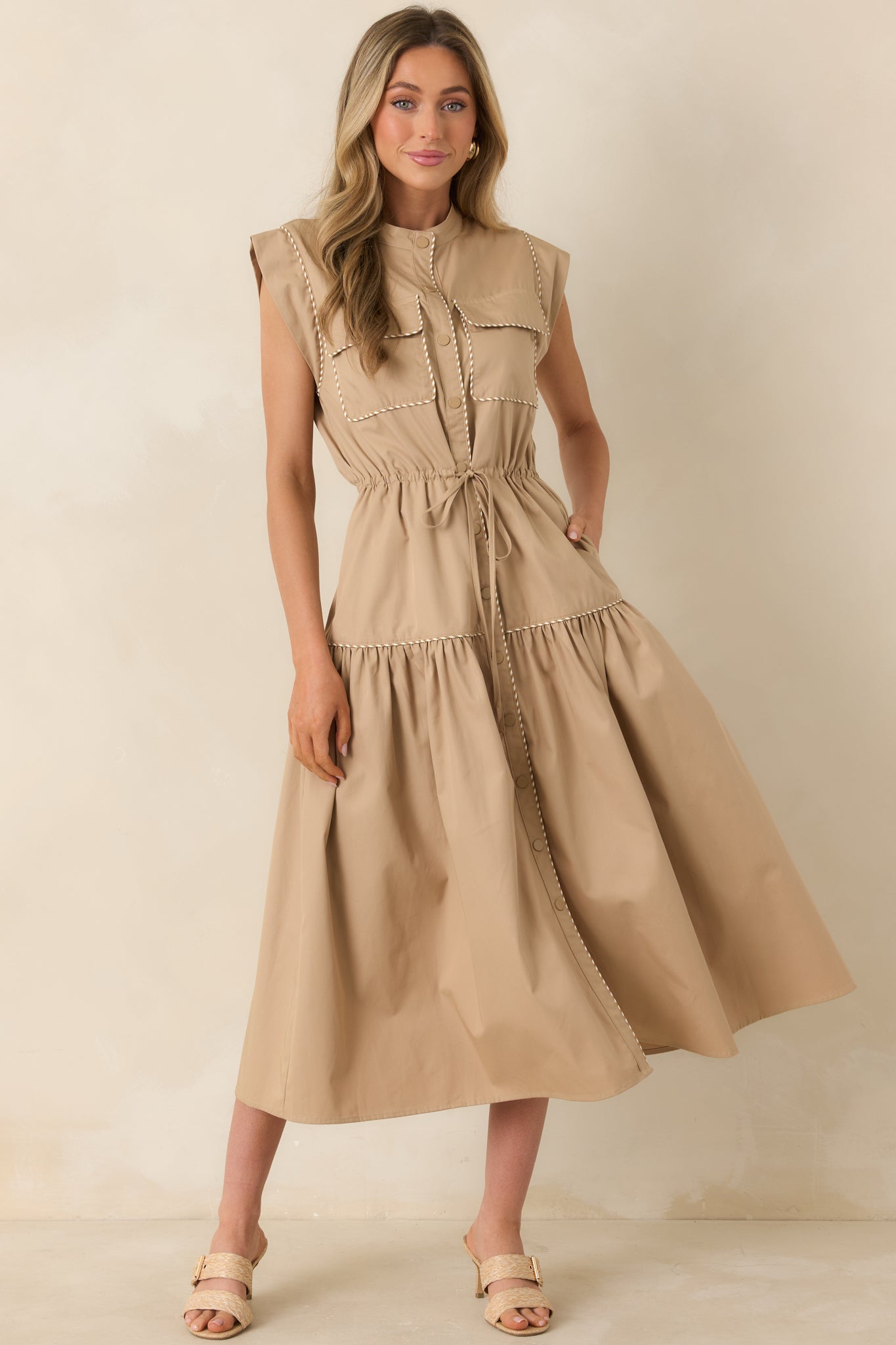 Lightweight structured midi dress with button front, chest pockets, and contrast trim