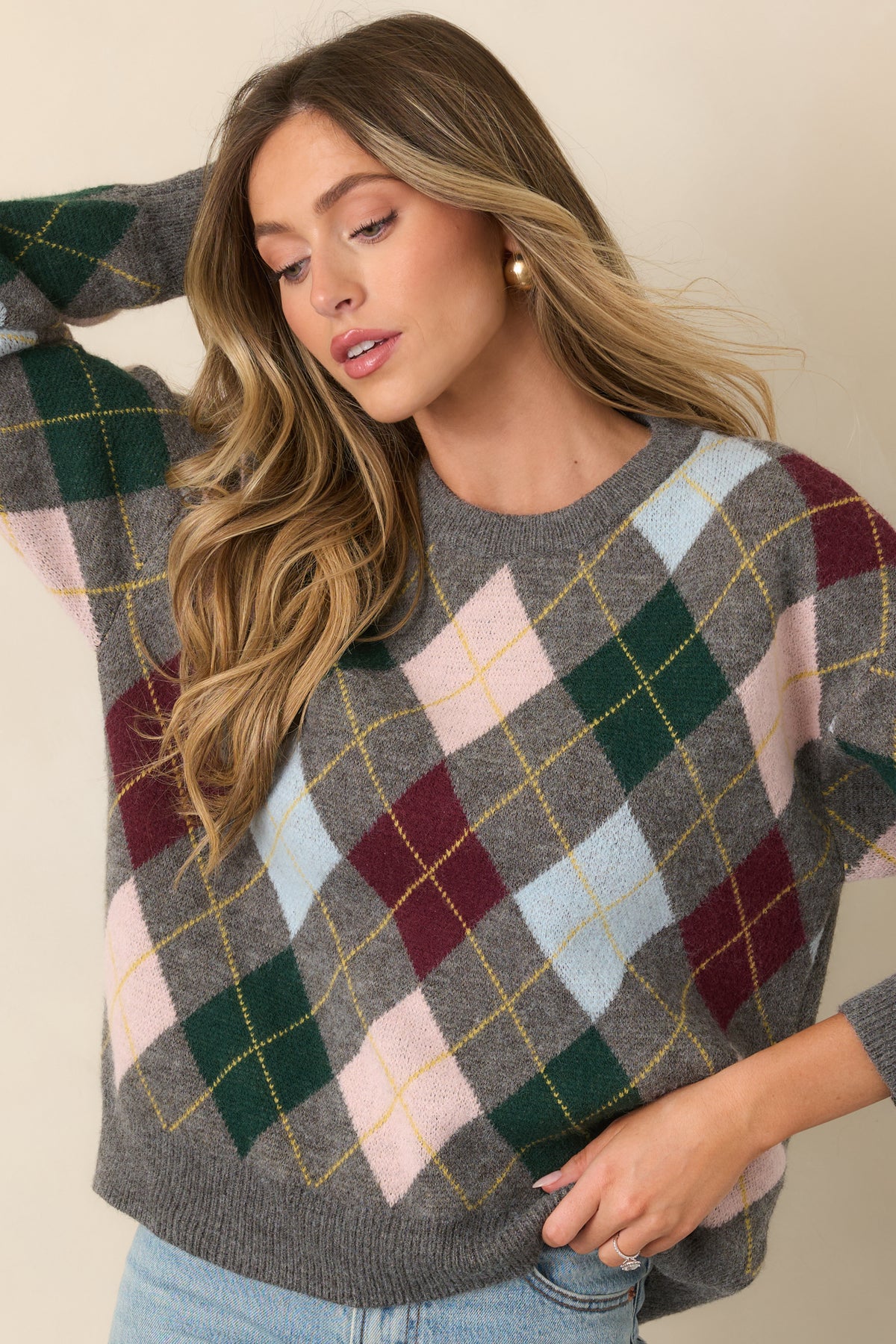 Long-sleeve argyle top with ribbed cuffs and a coordinating ribbed hem.