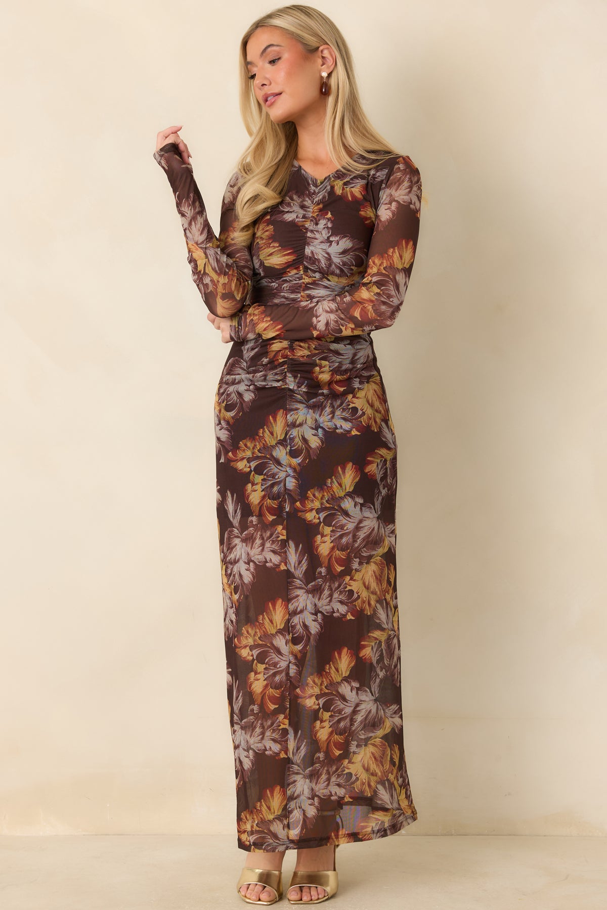 Long-sleeve floral dress with a fitted bodice, gathered waist, and sheer mesh overlay.