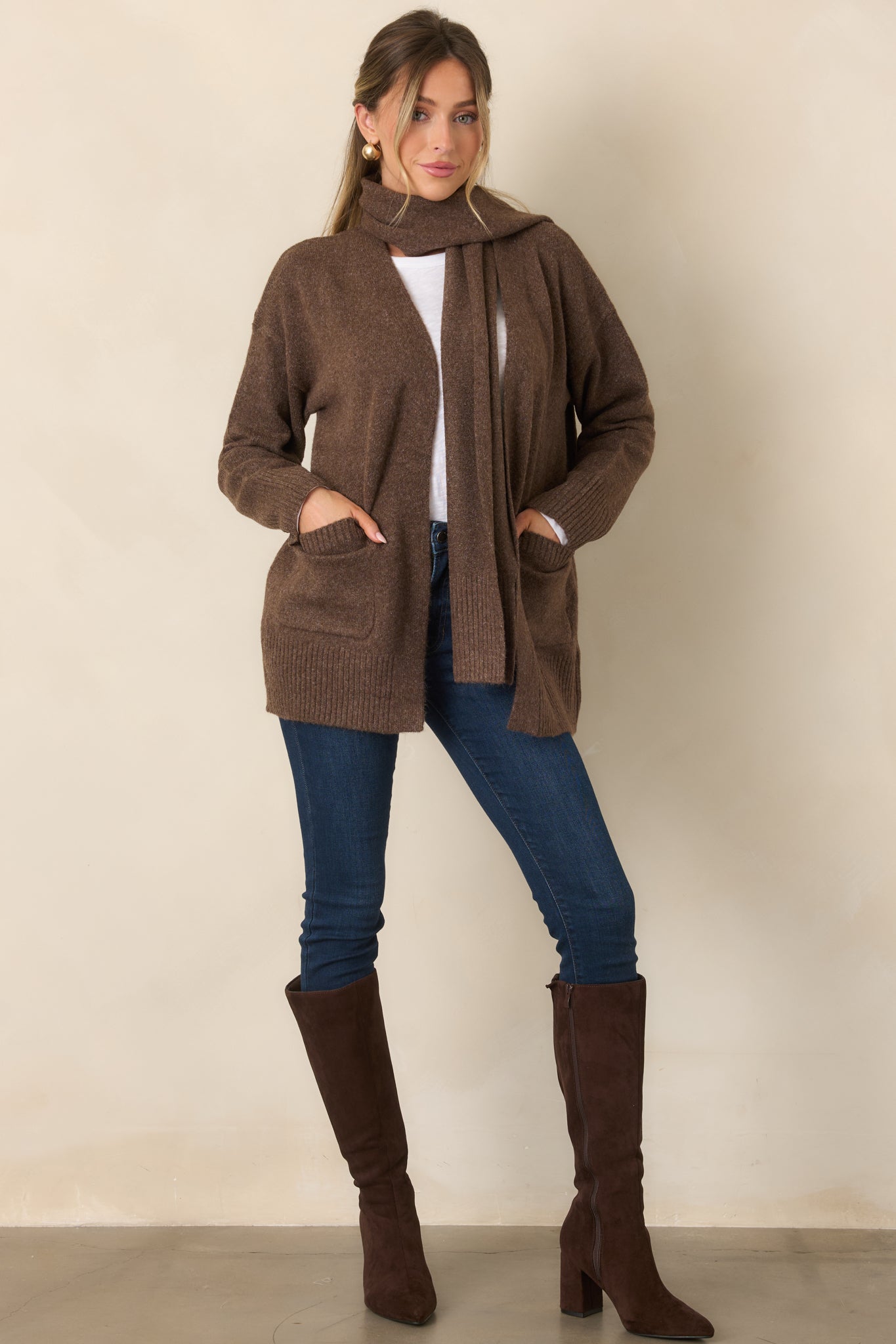 A Well-Knit Plan Dark Mocha Knit Cardigan & Scarf Set | Red Dress