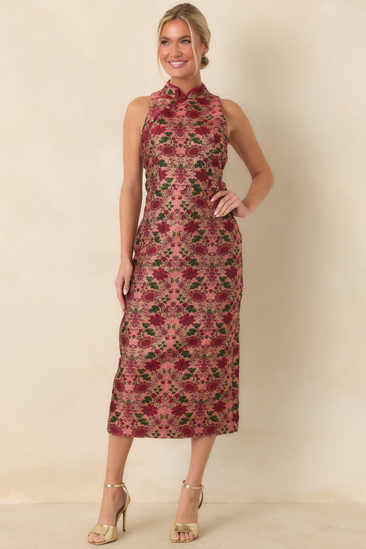 Fitted rose floral dress with a softly lustrous finish, burgundy trim, and a midi-length skirt.